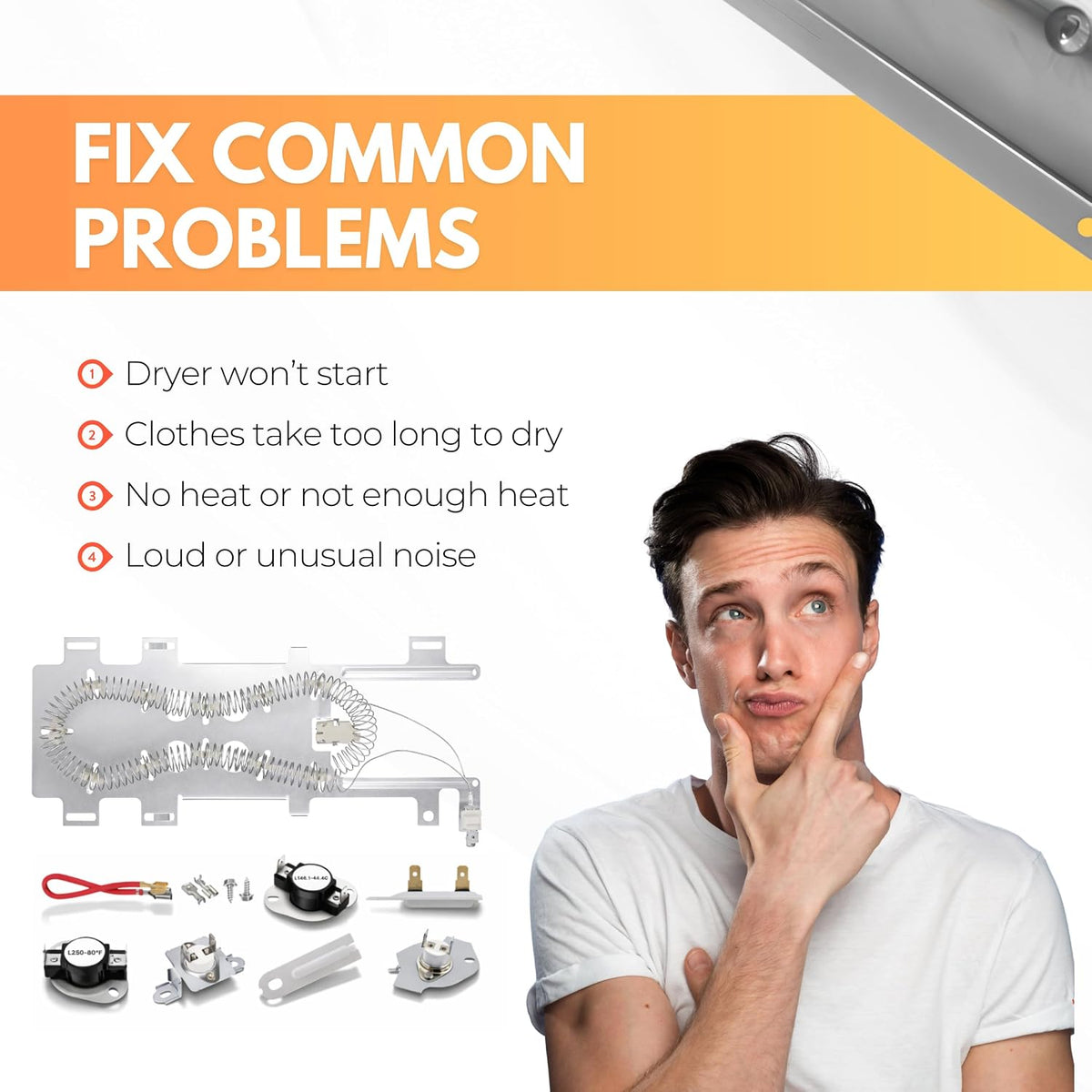 Upgrade Dryer Heating Element Kit fits Maytag MEDB850WR1 MEDB850YG0 MEDB850YG1 MEDB850YG2 MEDB850YW0 MEDB850YW1 MEDB850YW2 MEDB880BW0 – Includes Thermostat & Thermal Fuse
