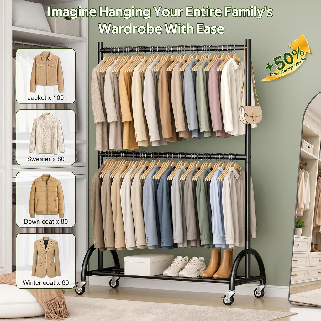 Heavy Duty Clothing Racks for Hanging Clothes Double Rod Rolling Closet Rack with Wheels for Coats, Garment Storage