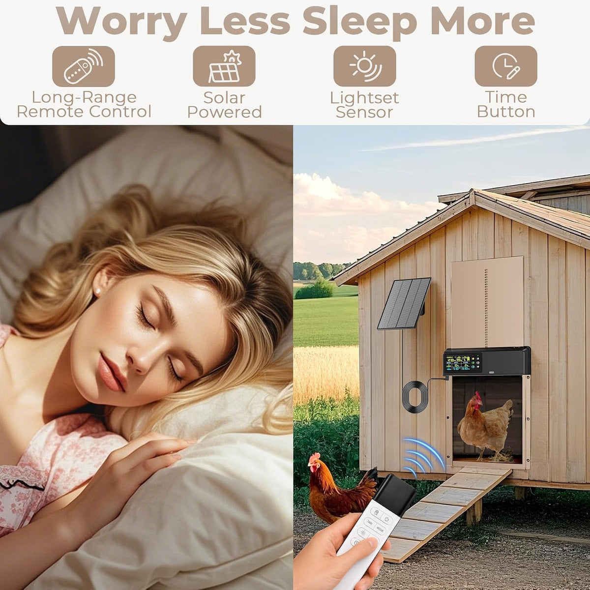 Automatic Chicken Coop Door: 3500mAh Solar Powered, 656ft Long-Range Remote, Intuitive Color LCD Display, Anti-Pinch