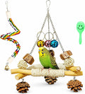 3 in 1 Bird Swing and Climbing Rope Set Triangle Wooden Perch with Bells and Natural Chew Toys Flexible Cotton Rope