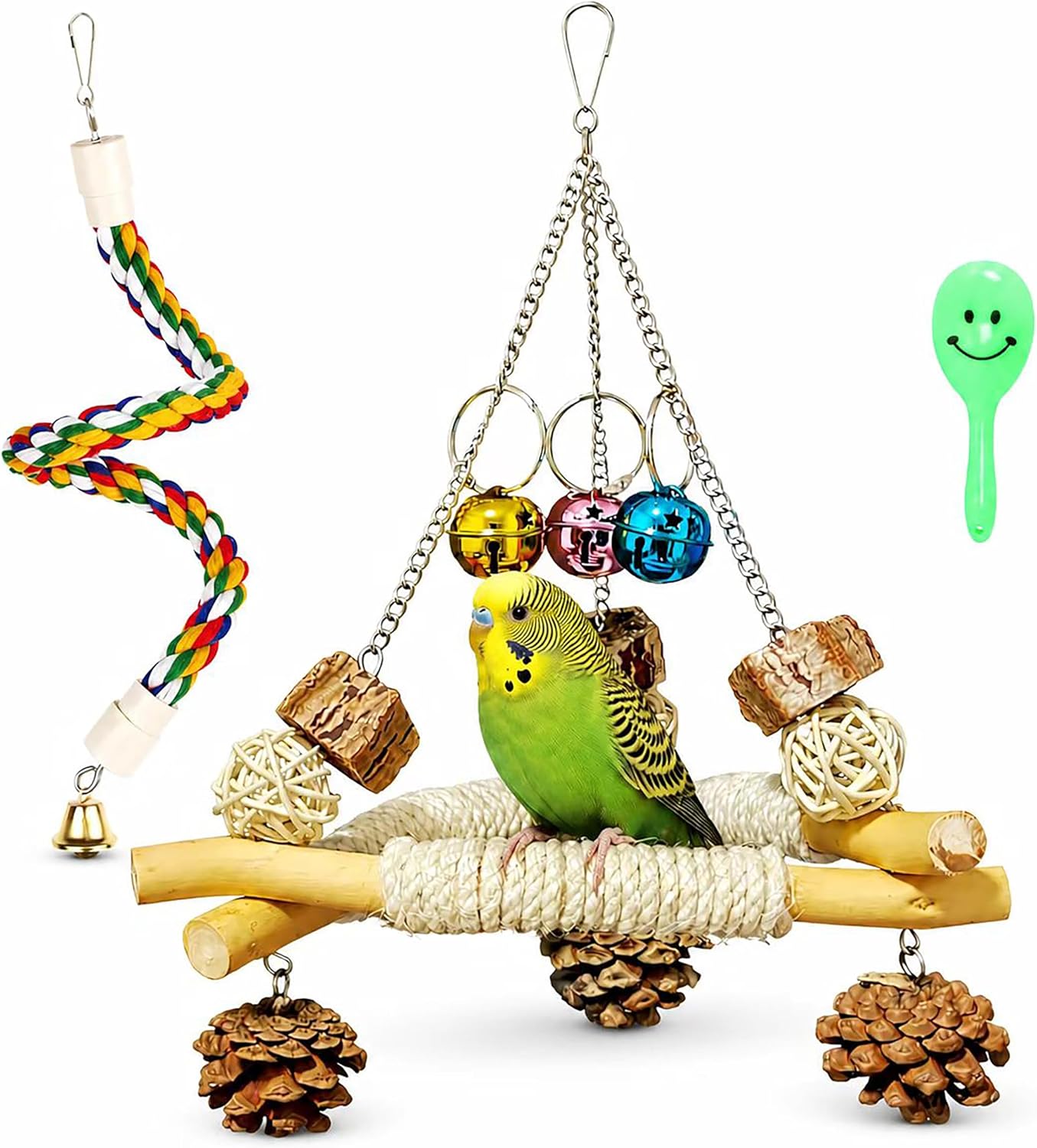 3 in 1 Bird Swing and Climbing Rope Set Triangle Wooden Perch with Bells and Natural Chew Toys Flexible Cotton Rope