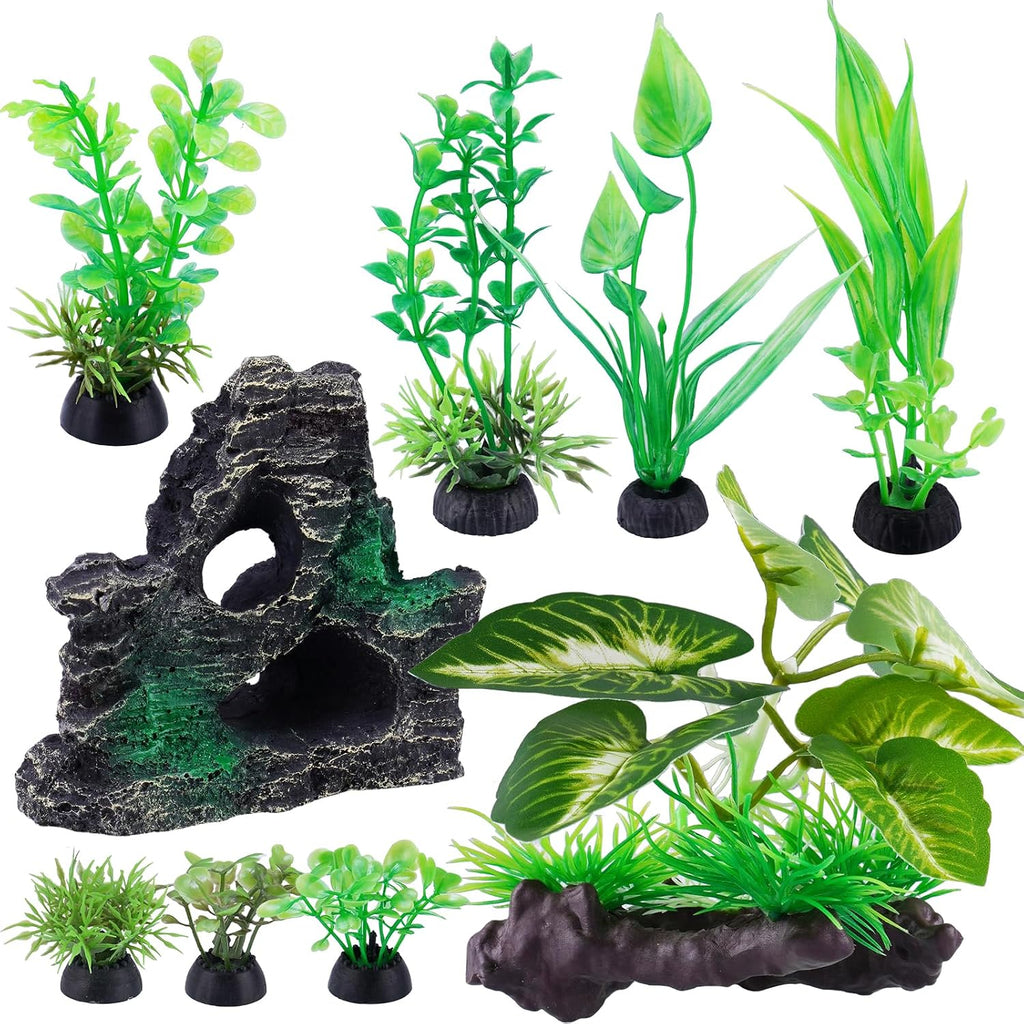 9PC Artificial Aquarium Plants Fish Tank Decor Betta Driftwood Green | Weighted Base With Rock Mountain, Non-Fading