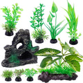 9PC Artificial Aquarium Plants Fish Tank Decor Betta Driftwood Green | Weighted Base With Rock Mountain, Non-Fading