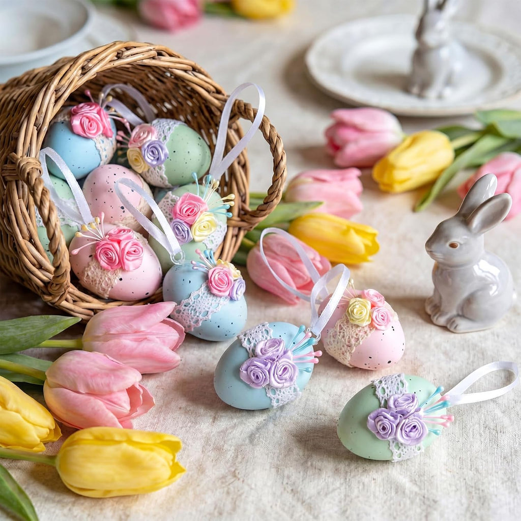 16 Pcs Easter Tree Ornaments Pastel Easter Egg Hanging Ornaments Plastic Floral Speckled Eggs Bowl Vase Fillers