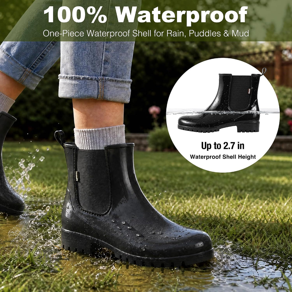 Cute Short Rain Boots for Women, Waterproof Chelsea Ankle Boots | Fashion Non-Slip Glossy Rubber Boots, Lightweight