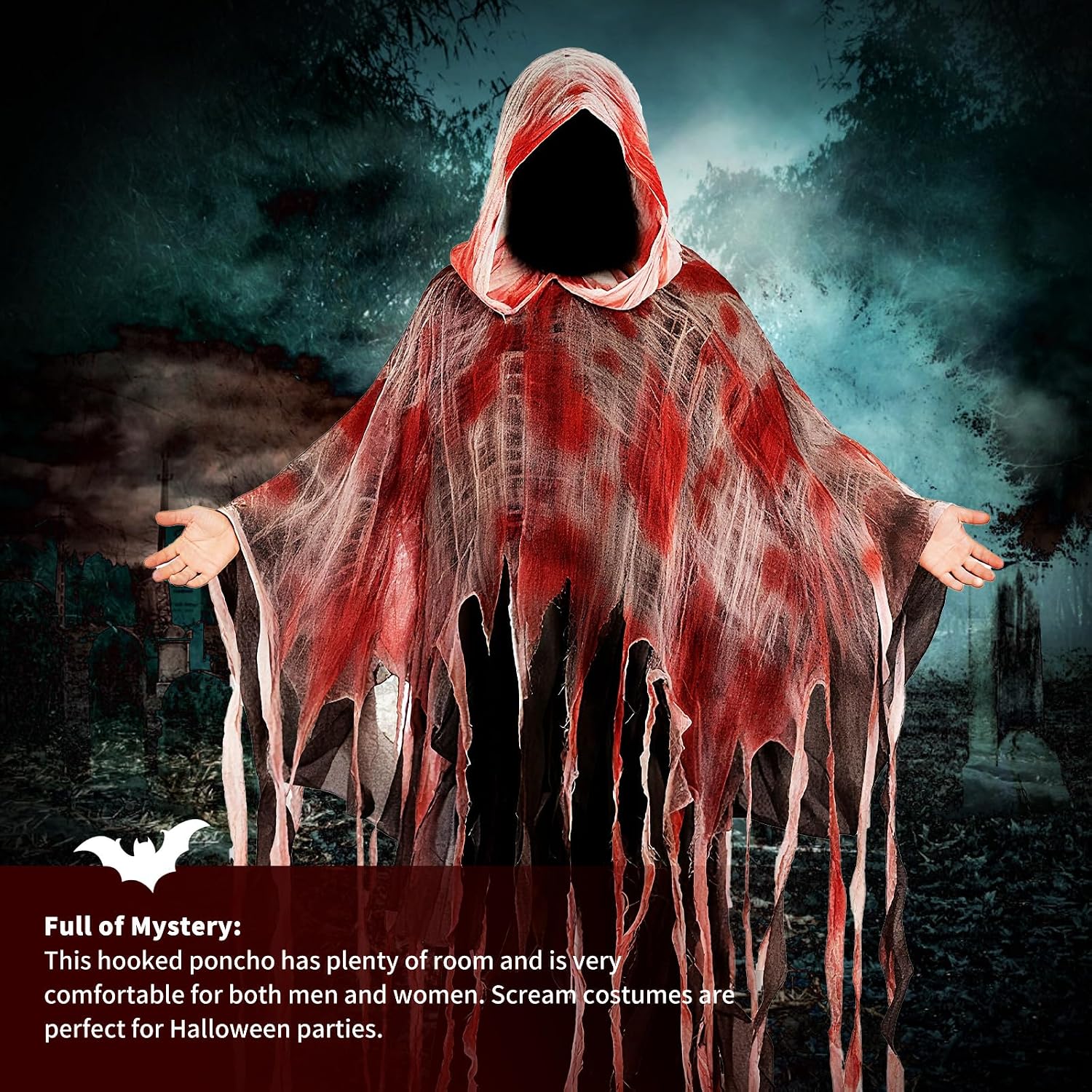 Halloween Horror Hooded Cloak Scary Ghost Tattered Bloody Robe Medieval Wizard Death Red Cape Vampire Cosplay Costume