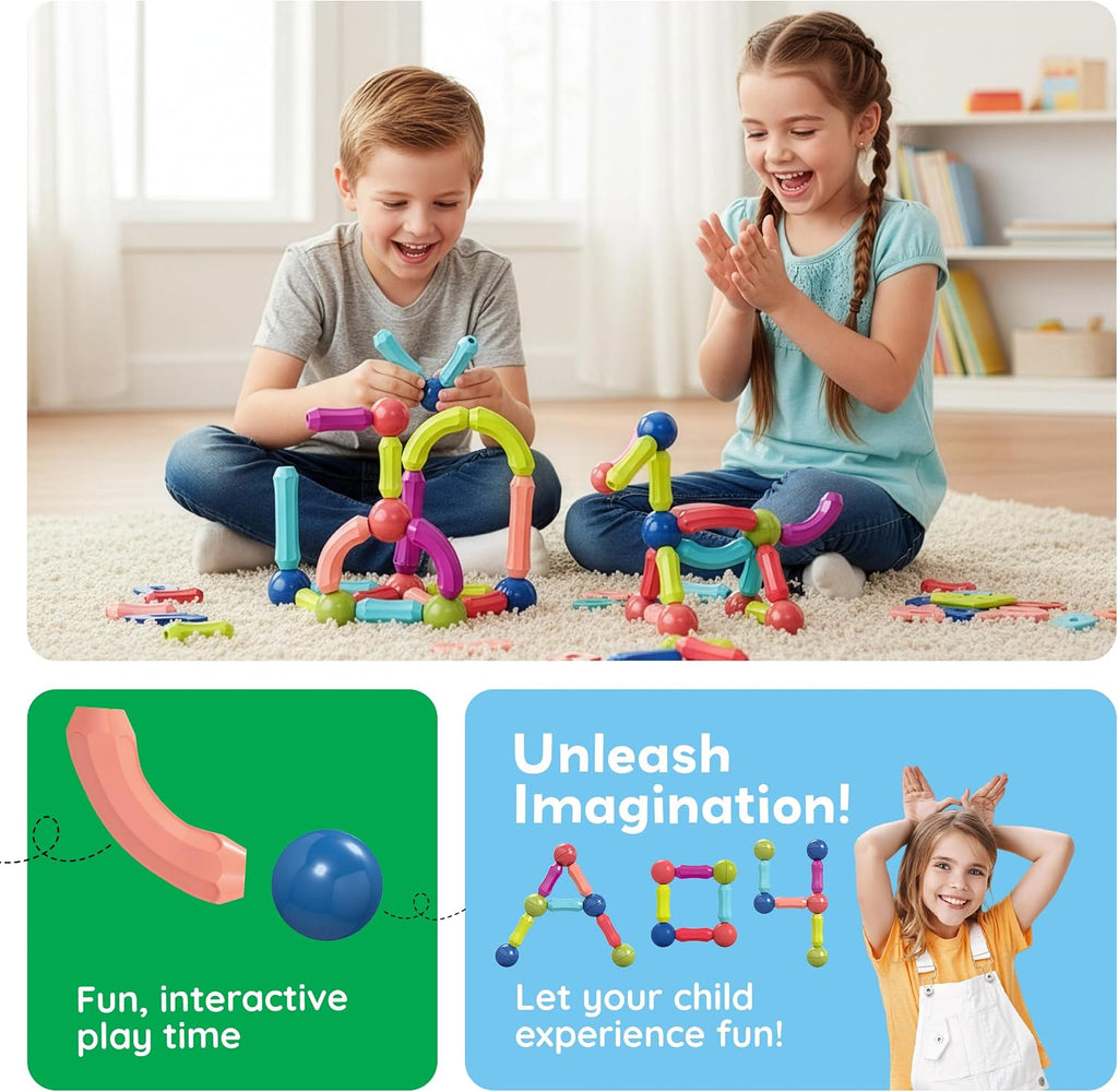 Magnetic Building Stick Block Construction Set with Storage Bin Colorful 3D STEM Toy Blocks Bar Balls & Rods
