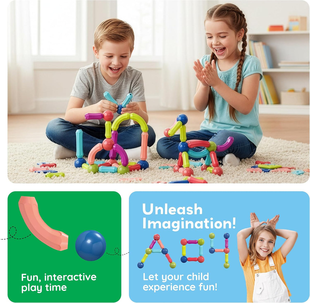 Magnetic Building Stick Block Construction Set with Storage Bin Colorful 3D STEM Toy Blocks Bar Balls & Rods