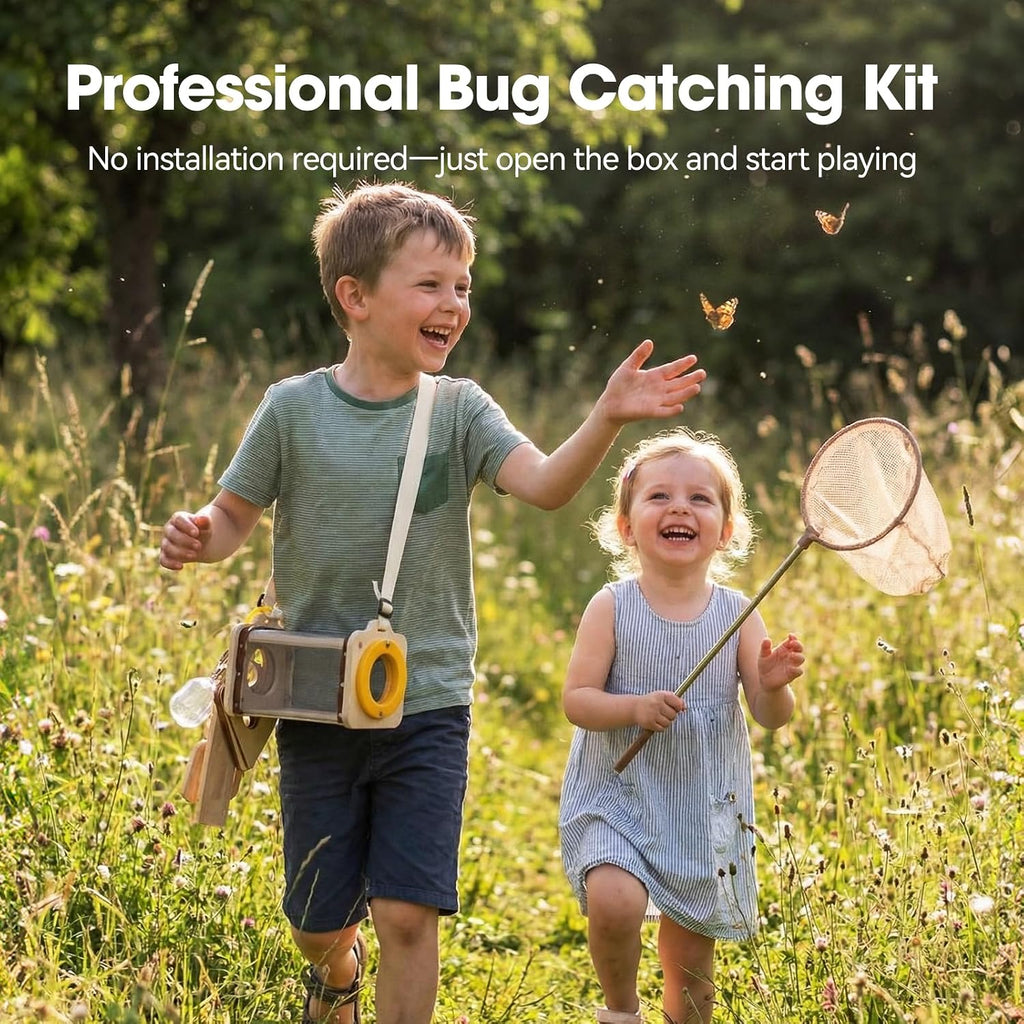 Wooden Bug Catcher Kit for Kids 3-8, 10PCS Durable Outdoor Explorer Kit with Magnifying Glass, Butterfly Net & STEM