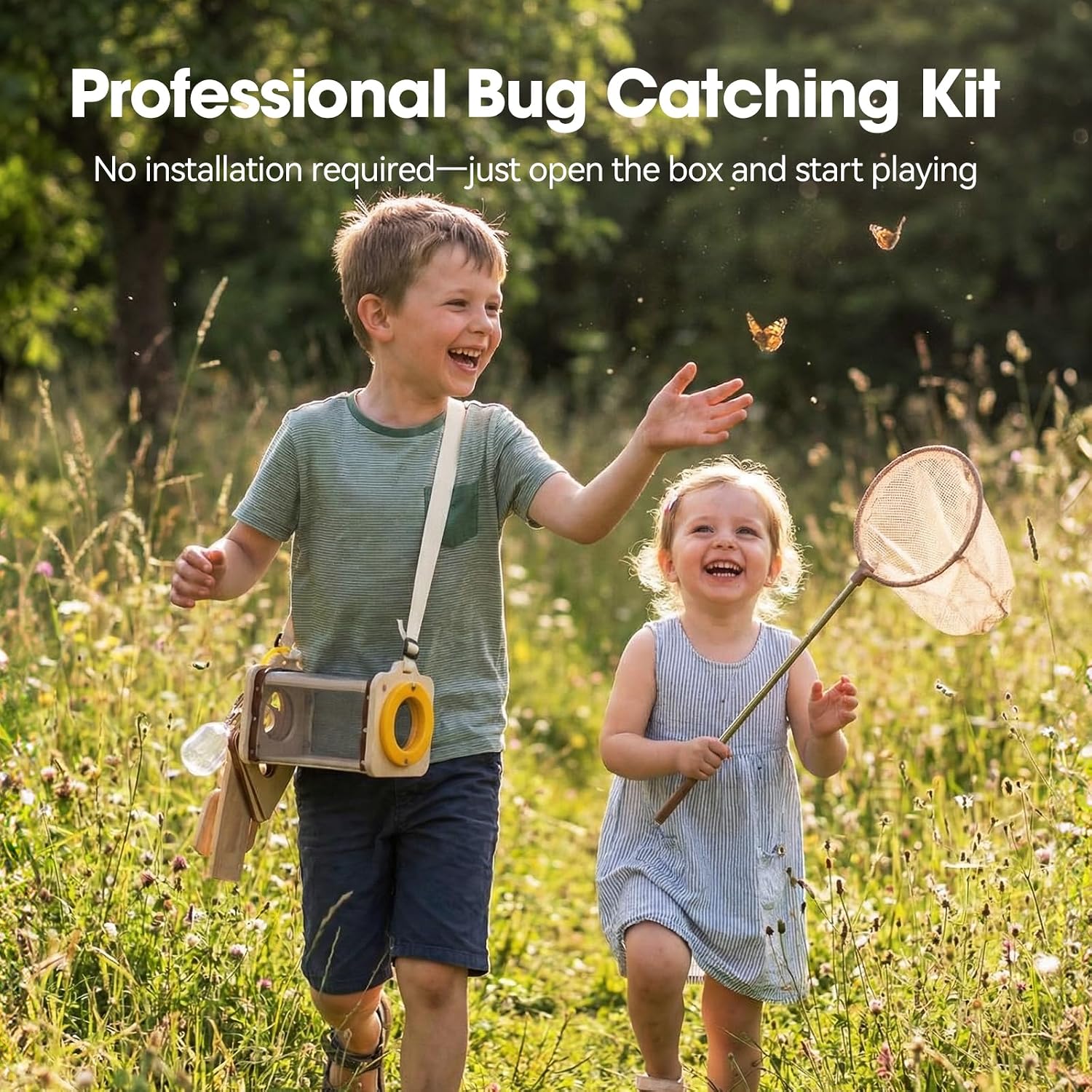 Wooden Bug Catcher Kit for Kids 3-8, 10PCS Durable Outdoor Explorer Kit with Magnifying Glass, Butterfly Net & STEM