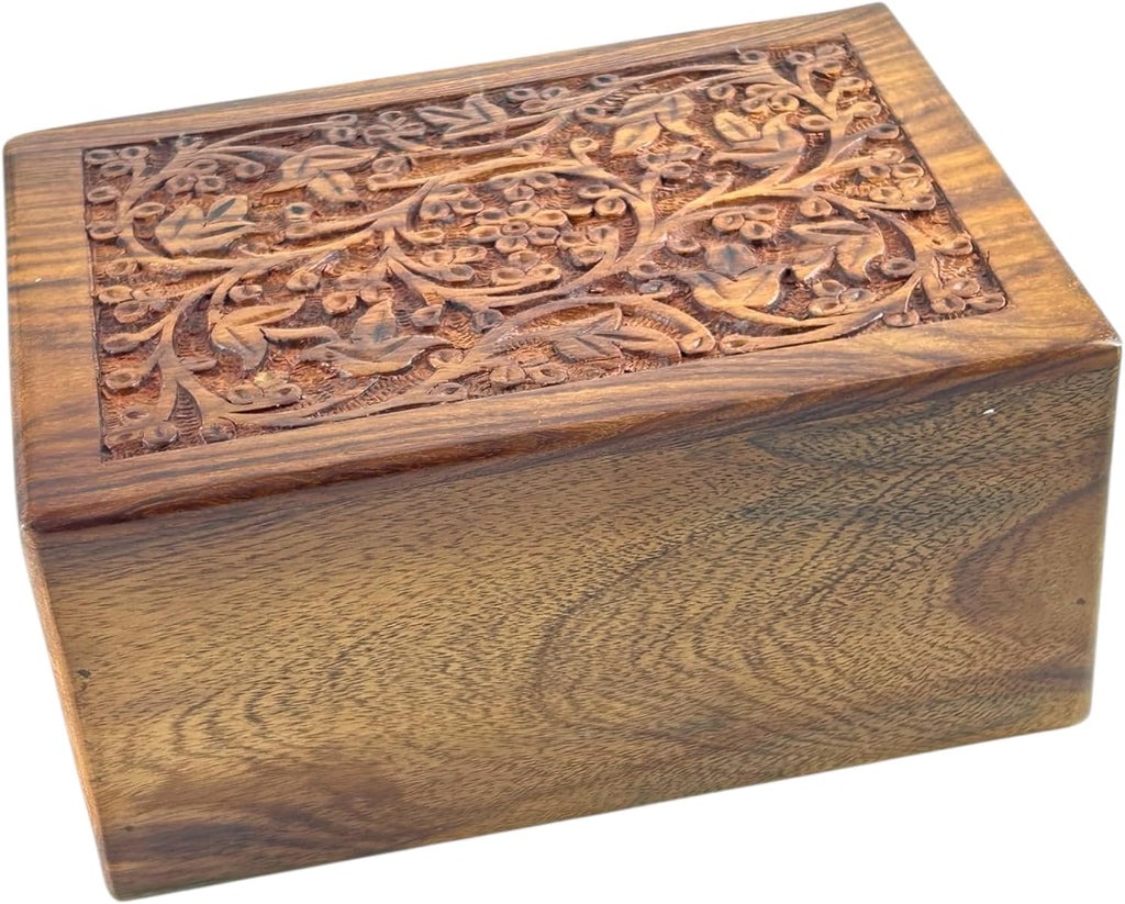 Floral Engraved Handcarved Cremation Urns For Human Ashes Adult Male Female Wooden Decorative Urn Burial Casket For