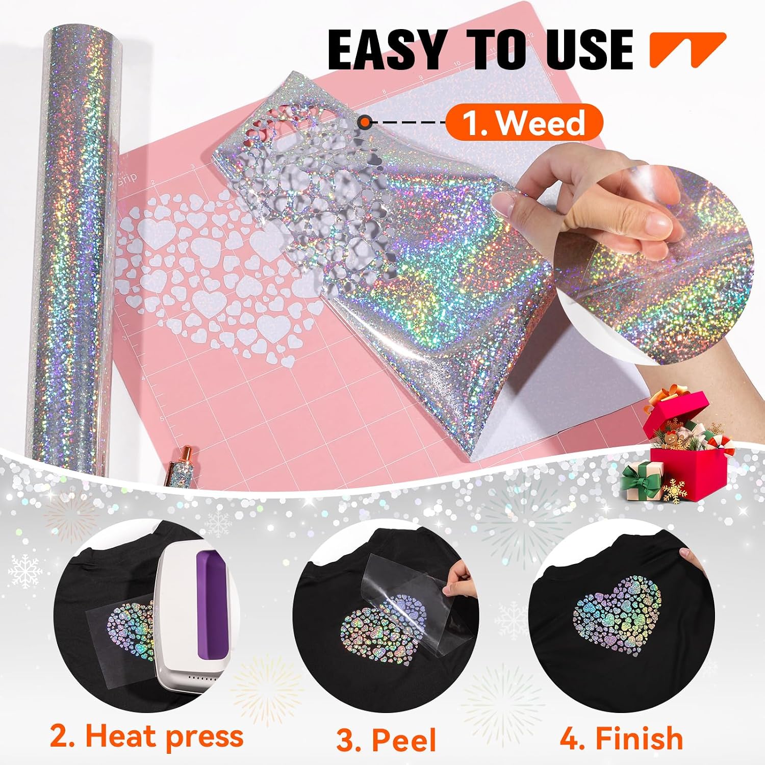 Silver Holographic HTV Iron on Silver Heat Transfer Vinyl for T-Shirts, 12''x5ft Holographic Glitter Vinyl Rolls for