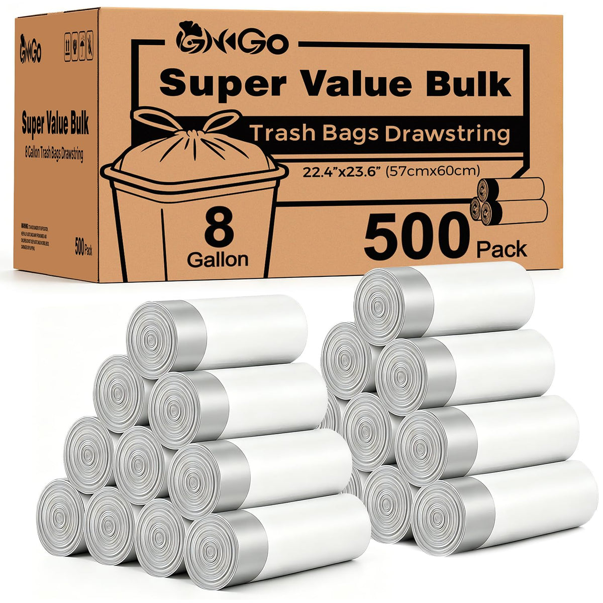 8 Gallon Trash Bags with Drawstring, 500 Count