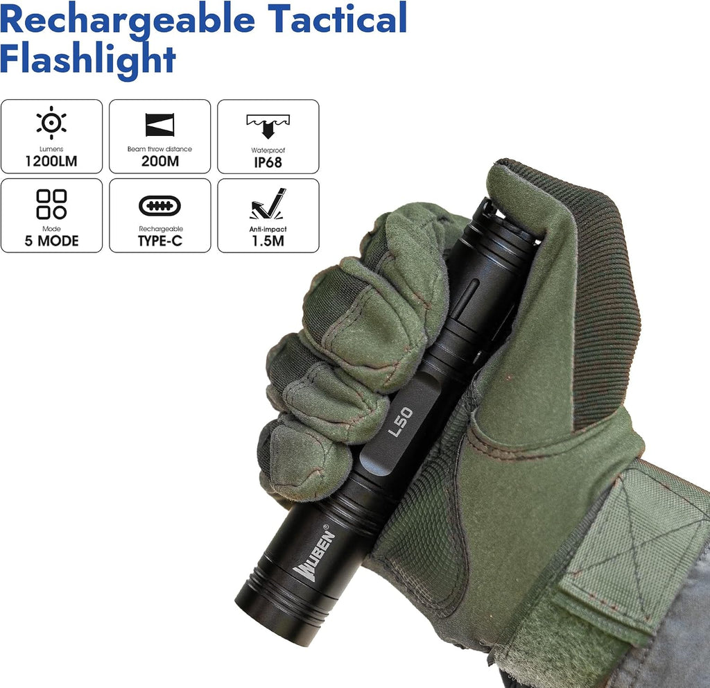 L50 Rechargeable Tactical Flashlight, 1200 High Lumens Super Bright Handheld Flashlighs, IP68 with 5 Mode Pocket