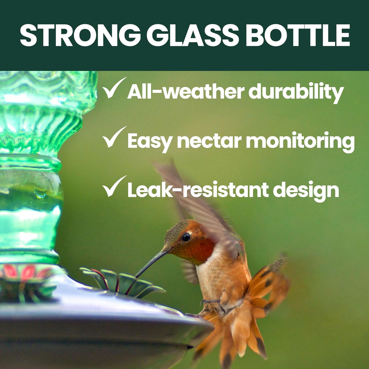 Antique Glass Bottle Hummingbird Feeder, 10 oz Capacity, Green