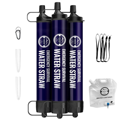 Outdoor Portable Emergency Water Filter Straw, 3-Pack for Hiking Camping Fishing, Survival Gear Purification System