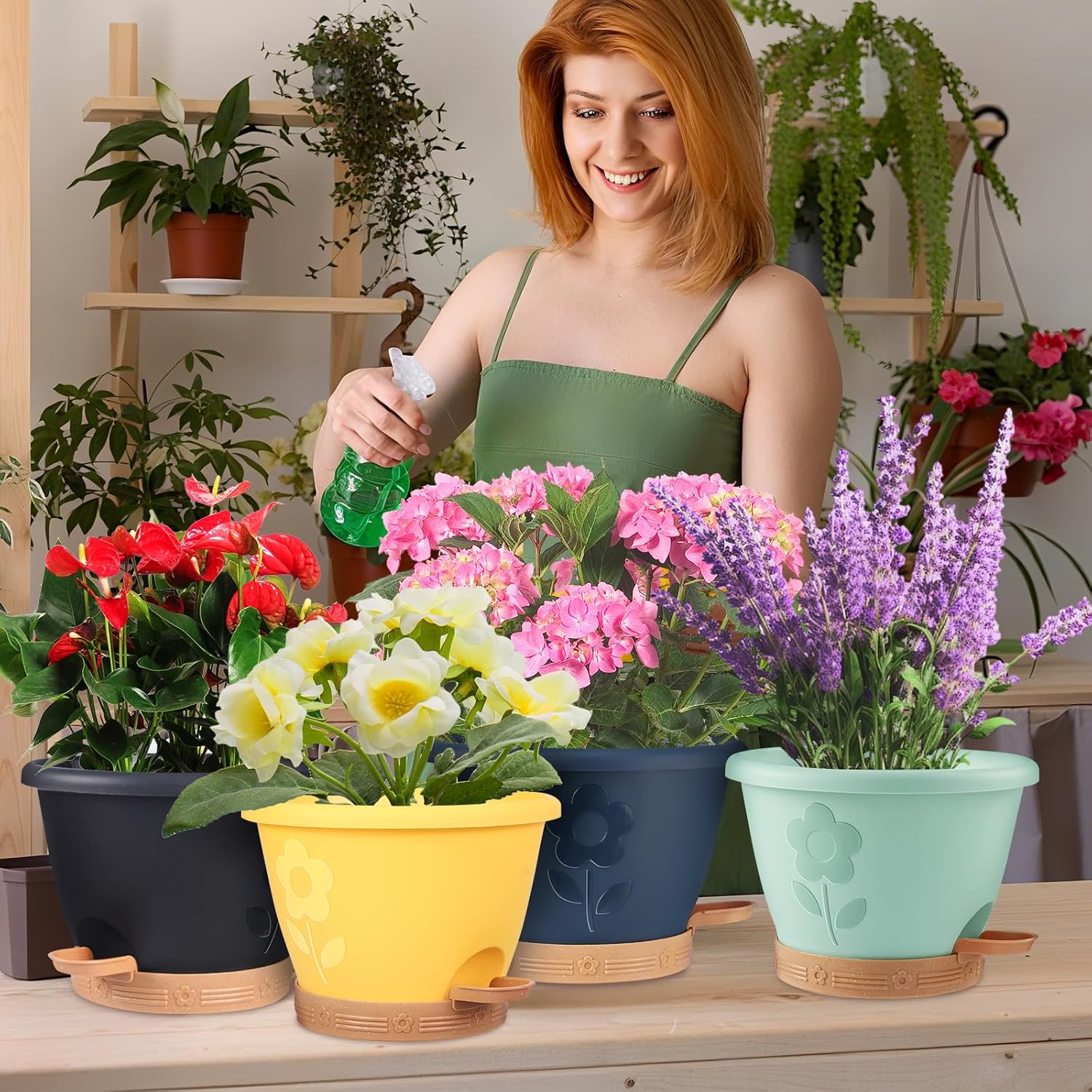 Plastic Plant Pots 10 Inch Set of 4, Self Watering Pots with Drainage Holes, Saucer & Reservoir, Flower Pots for