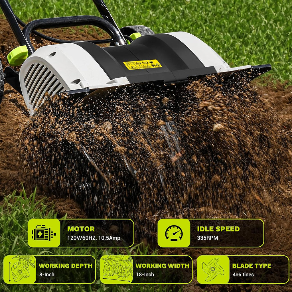 Cultivator Tiller for Gardening:18 Inch Electric Tiller with 6 Steel Tines, Corded 15 Amp Garden Rototiller for Soil