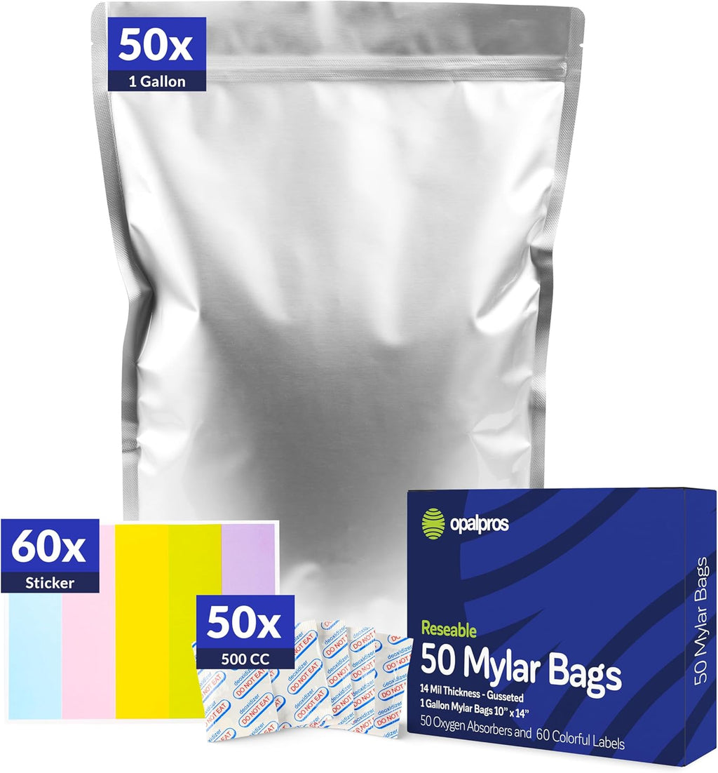 50-Pack 14 Mil Mylar Bags with Oxygen Absorbers, Gusseted 1 Gallon with 500cc OA - Resealable Mylar Bags for Food