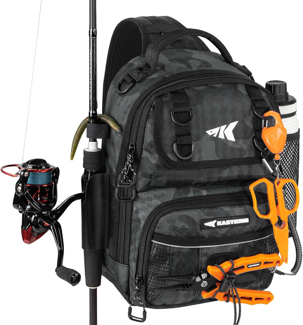 BaitSpace Fishing Sling Bag, Fishing Backpack with Rod Holder | Water-Resistant Tackle Storage with Detachable Soft