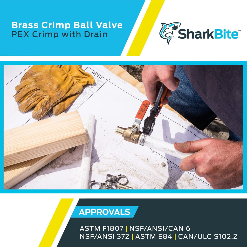 SharkBite 3/4 Inch Crimp Ball Valve with Drain, Brass Plumbing Fitting, PEX Pipe, PE-RT, 24613LFA