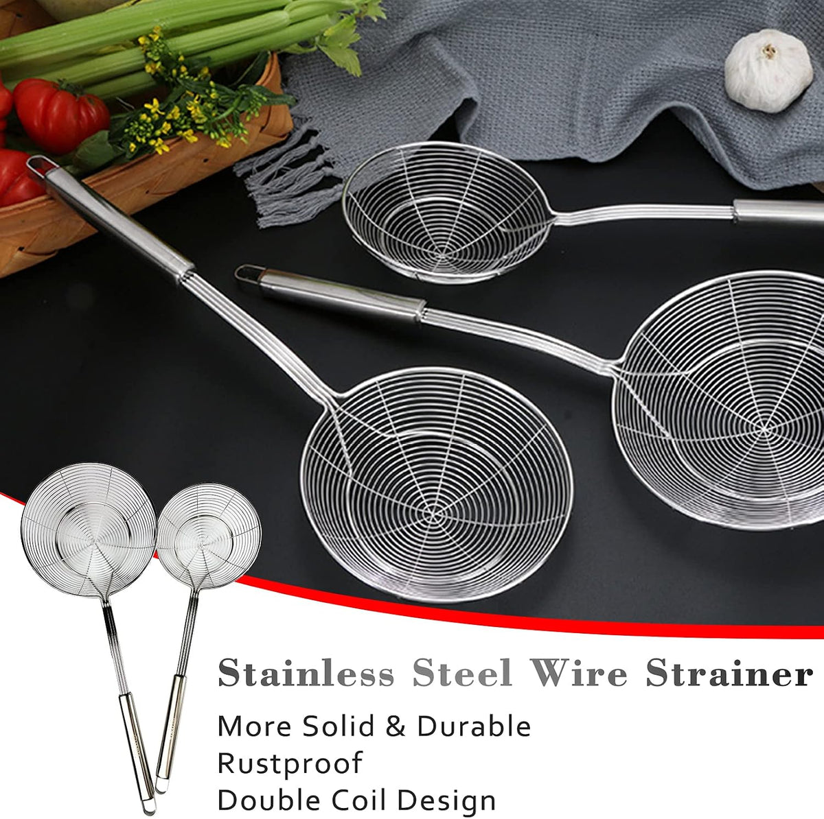 Tenta tenta kitchen Solid Stainless Steel Spider Strainer Skimmer Ladle for Cooking and Frying, Kitchen Utensils Wire Strainer Pasta Strainer Spoon. (7 inch 1pc)