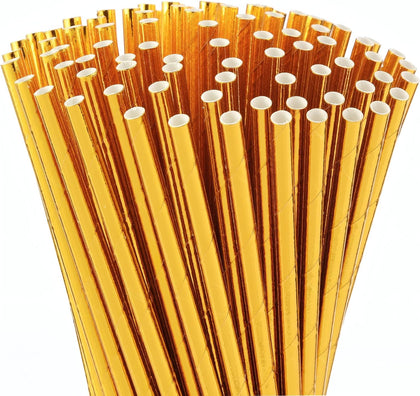 Gold Foil Paper Straws, 100 Count, 7.75 inch x 0.25 inch Party Straws
