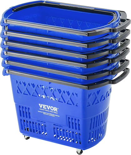 Shopping Carts with Handles, 6PCS, 39L Plastic Rolling Shopping Basket with Wheels, Large Portable Shopping Basket