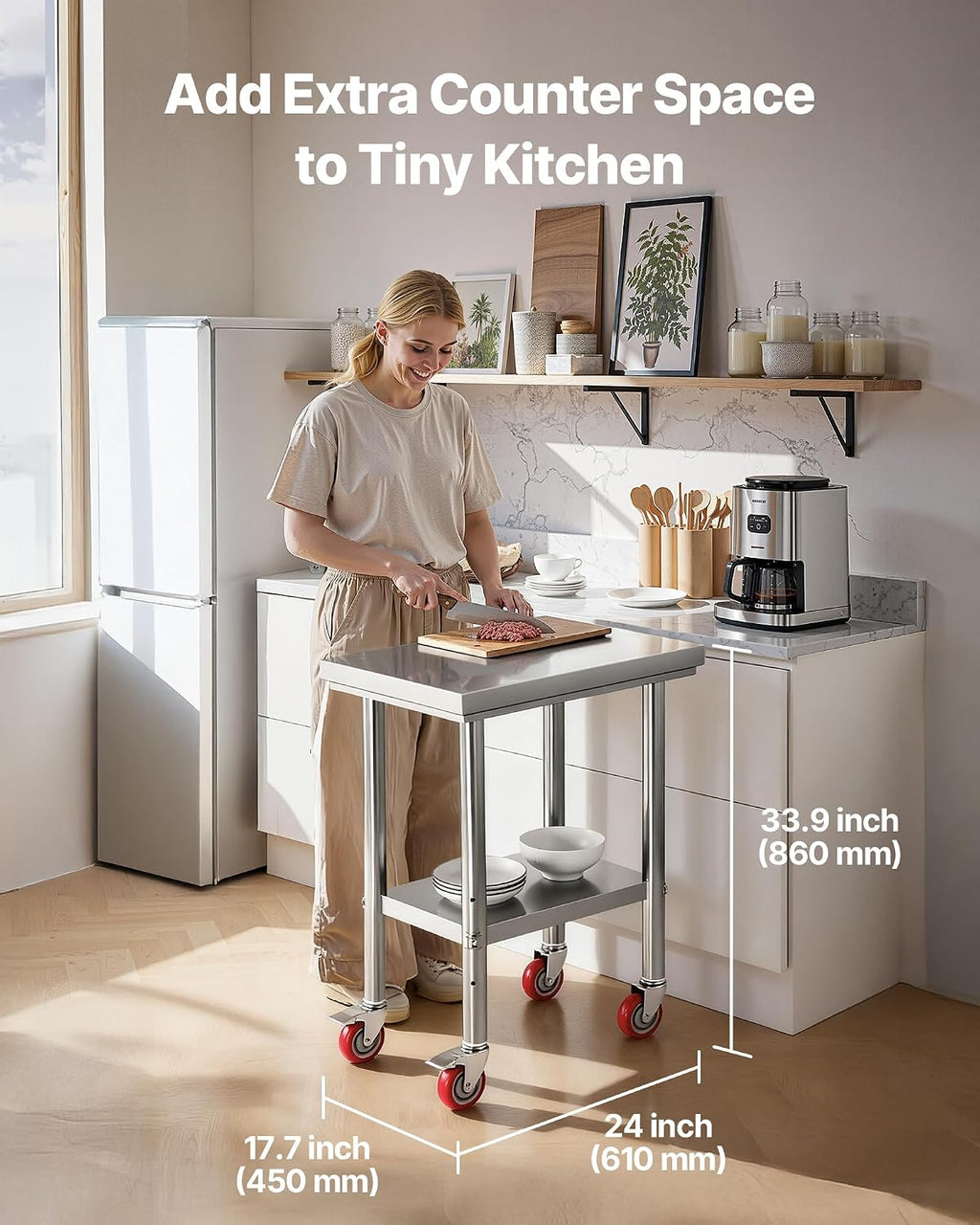 Stainless Steel Table, 24 x 18 Inches Food Prep Worktable with Wheels, Kitchen Prep Table with Adjustable Undershelf