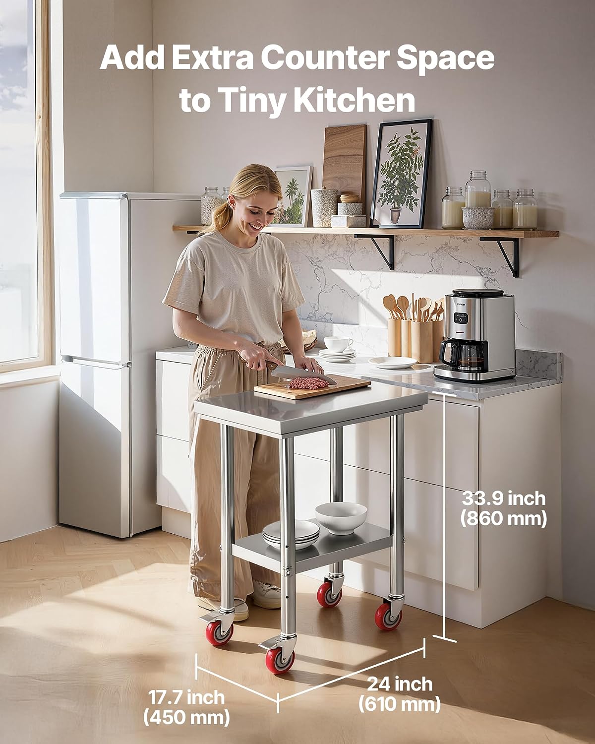 Stainless Steel Table, 24 x 18 Inches Food Prep Worktable with Wheels, Kitchen Prep Table with Adjustable Undershelf