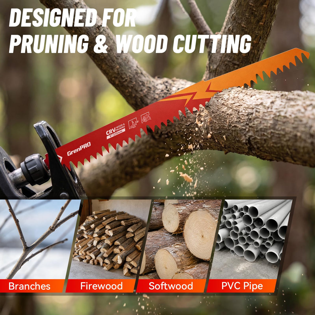 GRENPRO 5 TPI Wood Cutting Reciprocating Saw Blades, 9" Pruning Blades