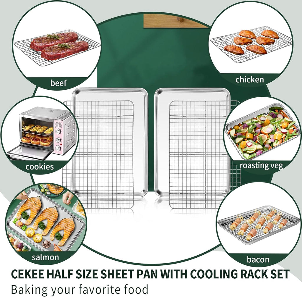 Half Sheet Pans with Rack Set [2 Pans + 2 Racks], CEKEE Stainless Half Size Large Baking Sheets with Rack -18 Inch