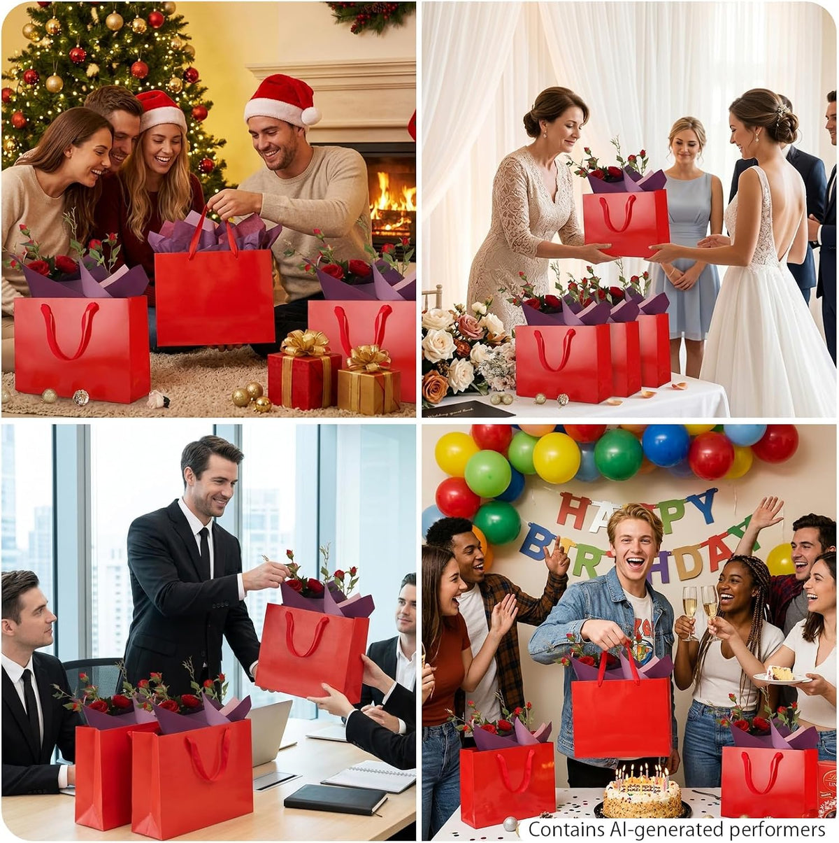 Large Gift Bags with Handles,13x5x10 Inch,Red,12 Pack