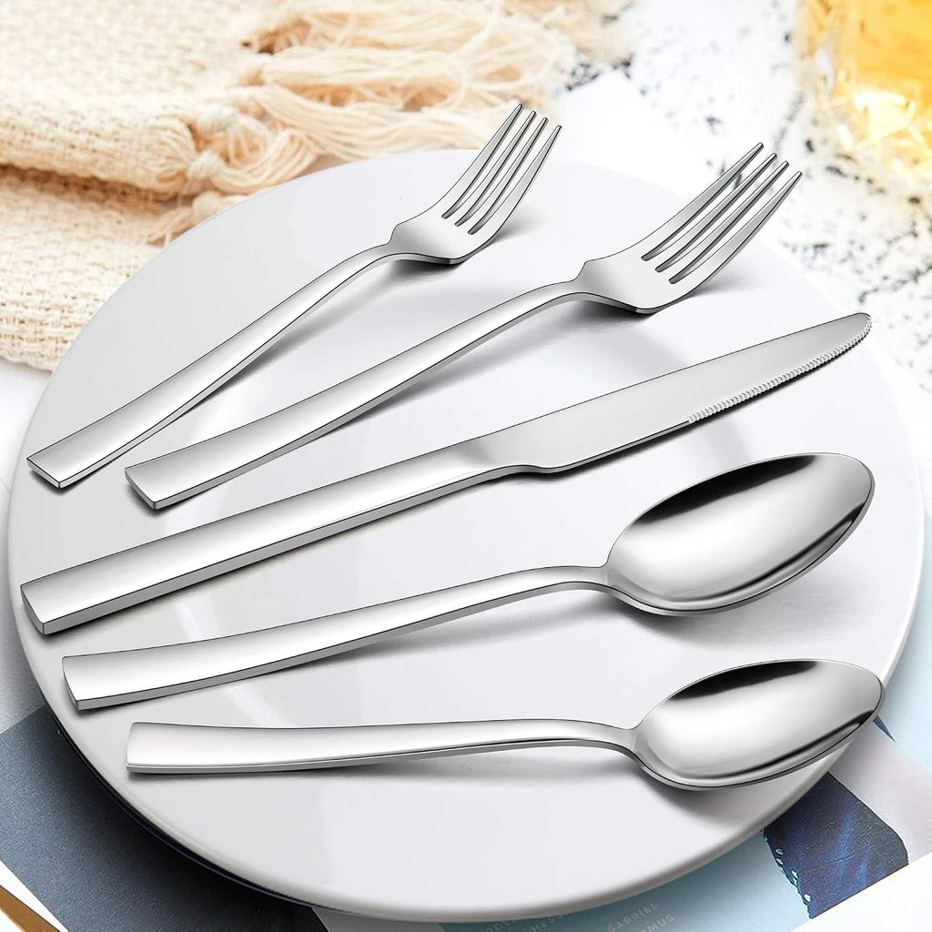 60-Piece Silverware Set with Organizer Tray, Stainless Steel Square Flatware Cutlery Set for 12, Tableware Eating