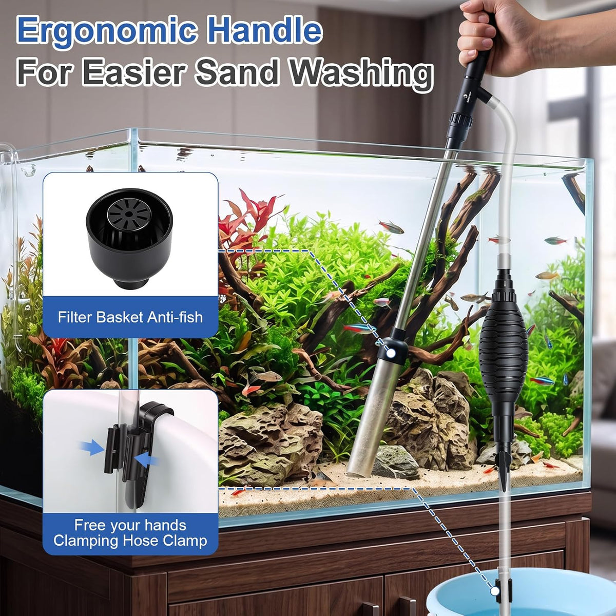 5-in-1 Aquarium Siphon Gravel Vacuum Kit with Fish Net, 3 Heads