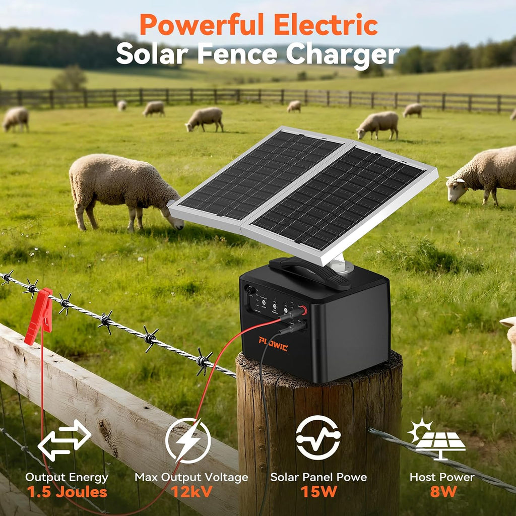 Solar Electric Fence Charger for Livestock: 30 Miles Solar Fence Charger, 12KV 1.5J Output Electric Fence Energizer