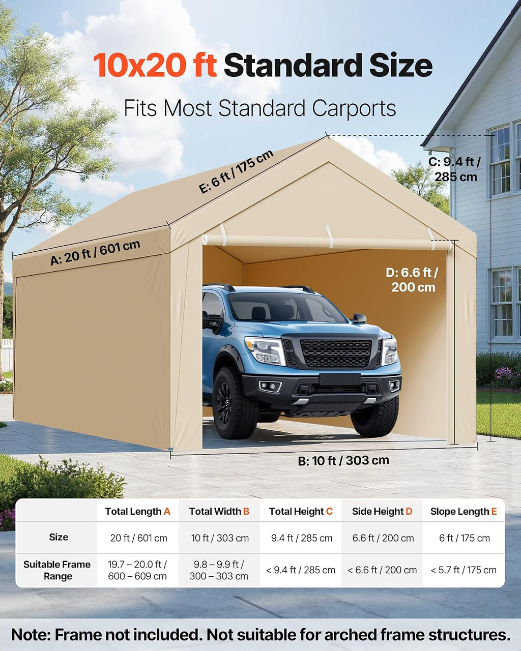 Carport Replacement Canopy Cover, 10 x 20 ft Potable Garage Tent Top Tarp with Sidewalls, UV-Resistant & Waterproof