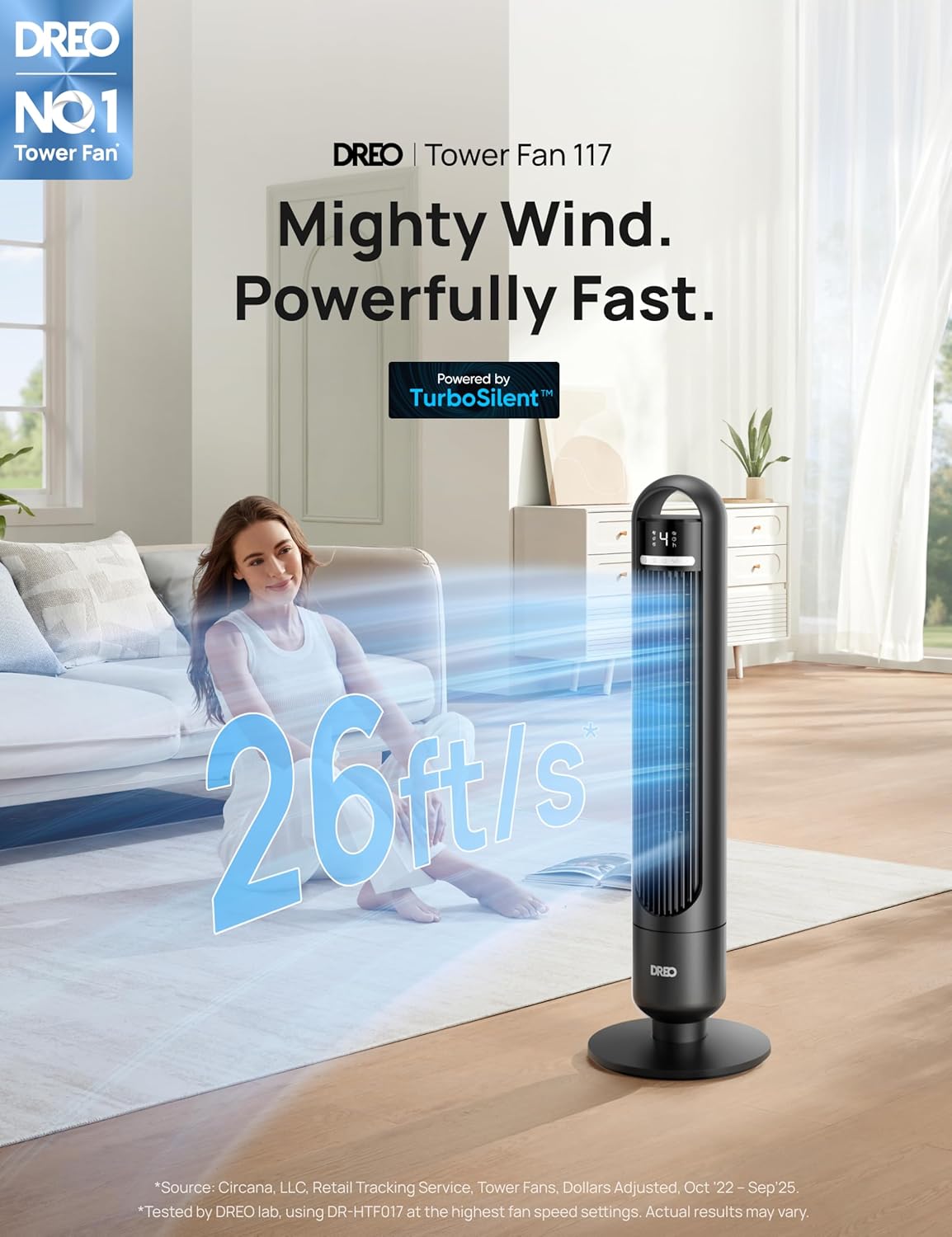 Tower Fan for Bedroom, 26ft/s Velocity, 90° Oscillating, 8H Timer | 4 Speeds, 3 Modes, 28dB Quiet Standing Fan, Floor