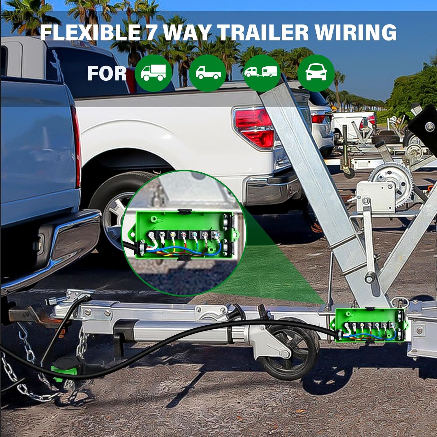 6 FT 7 Pin Trailer Wiring Harness with 7 Gang 7 Pin Trailer Junction Box Pure Copper 7 Way Plug Extension, Heavy Duty