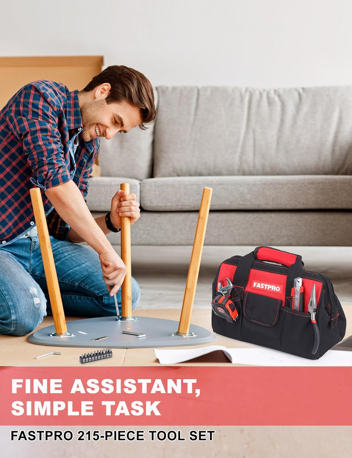 215-Piece Home Repairing Tool Set with 12-Inch Wide Mouth Open Storage Bag, Household Hand Tool Kit,Red