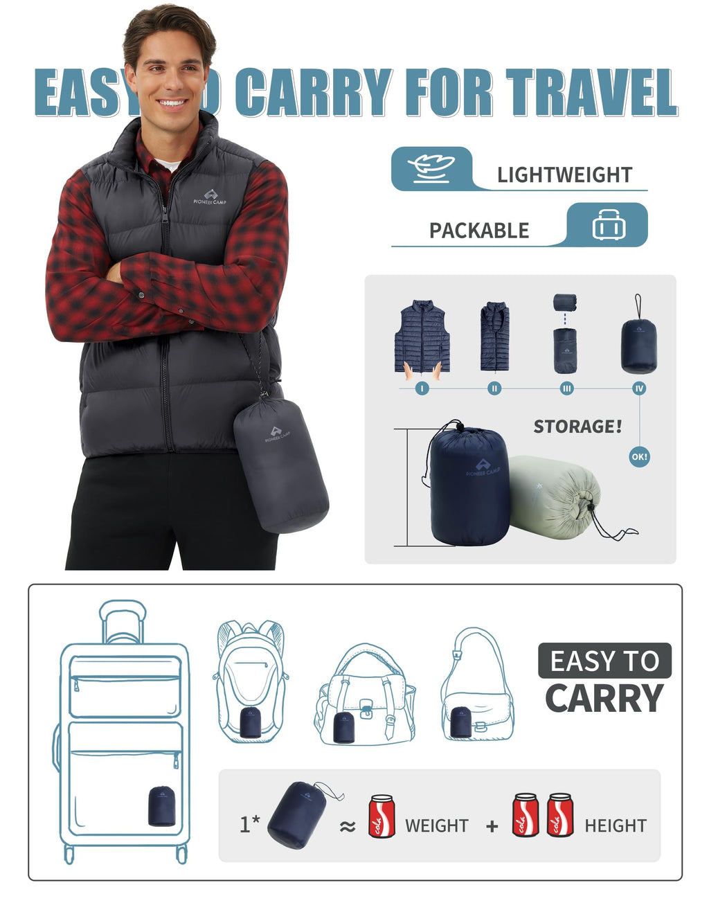 Men's Lightweight Down Vest Fill Power 700 Packable Puffer Vest Sleeveless Warm Puffy Outerwear