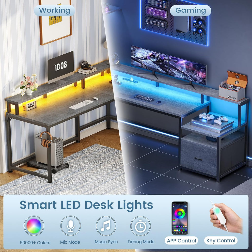L Shaped Desk, 66" Home Office Desk with File Drawer & Power Outlet, Gaming Desk with Led Lights, Corner Computer