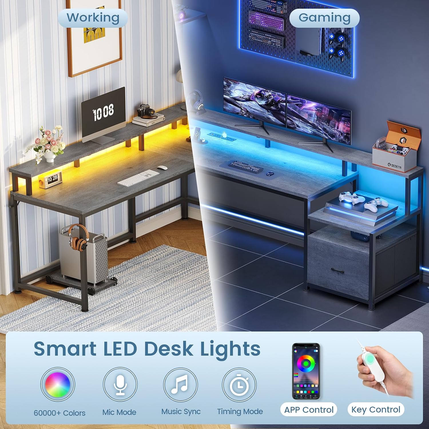 L Shaped Desk, 66" Home Office Desk with File Drawer & Power Outlet, Gaming Desk with Led Lights, Corner Computer