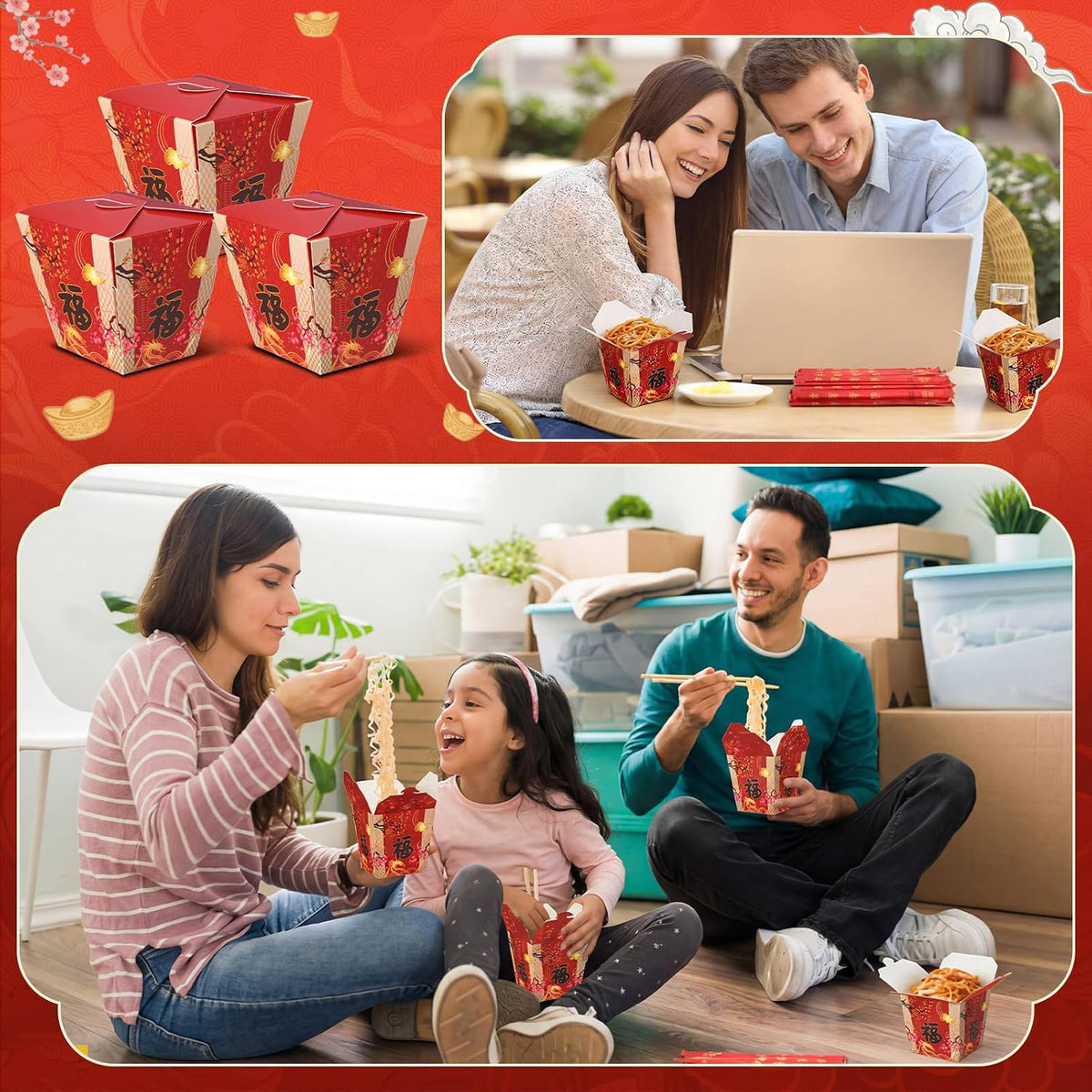 60 Pcs Chinese Fu Takeout Boxes 8oz Asian Party, Chinese Fu, Red