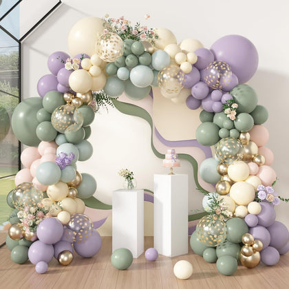 173Pcs Dusty Green Purple Pink Balloon Arch Garland Kit, Lavender Pastel Blush Pink Yellow Mist Green Gold Confetti