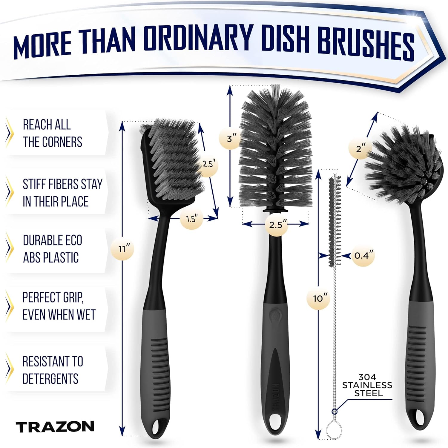 Dish Brush Set of 4 - Kitchen Scrub Brushes with Non-Slip Long Handle for Cleaning, Scrubber, Dishwashing, Dishes