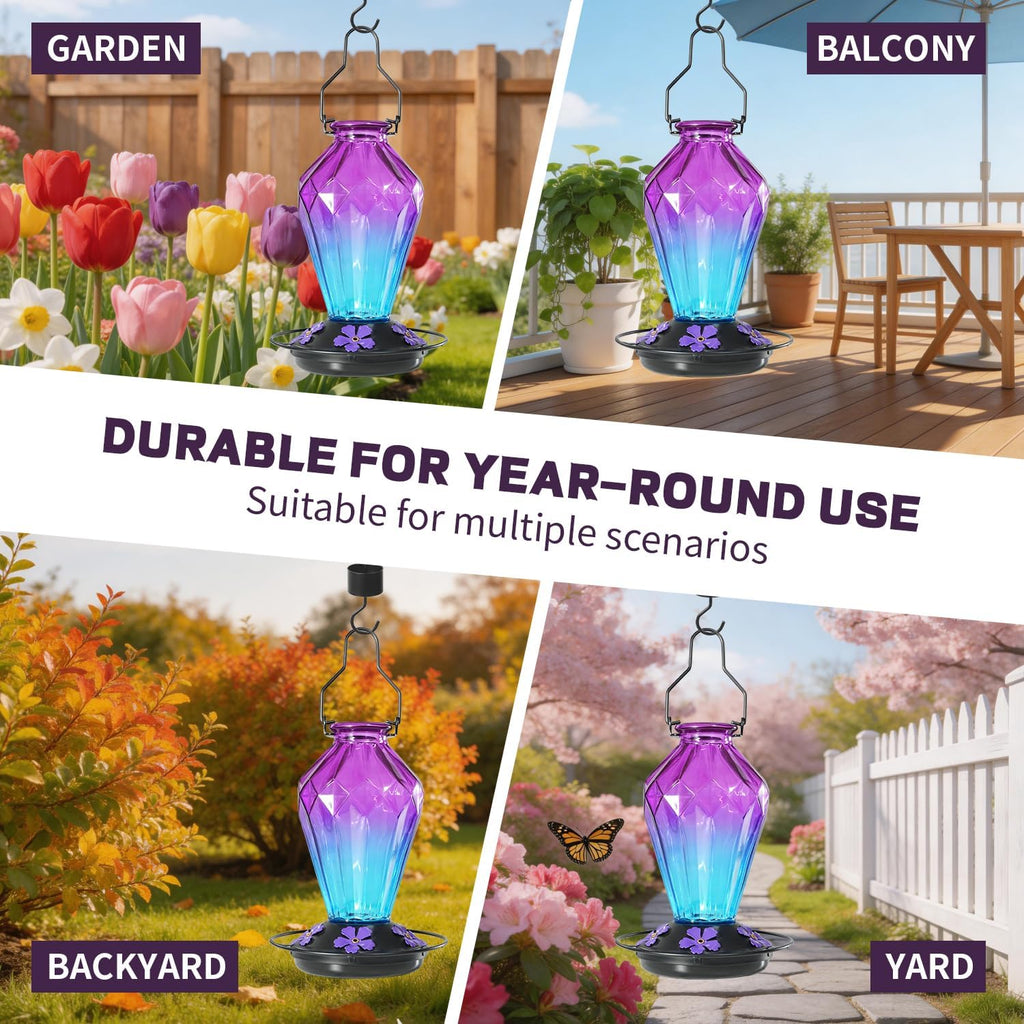 Glass Hummingbird Feeder for Outdoors Hanging, 25Oz Humming Bird Nectar Feeder, Perch, 5 Flower Feeding Ports, Leak