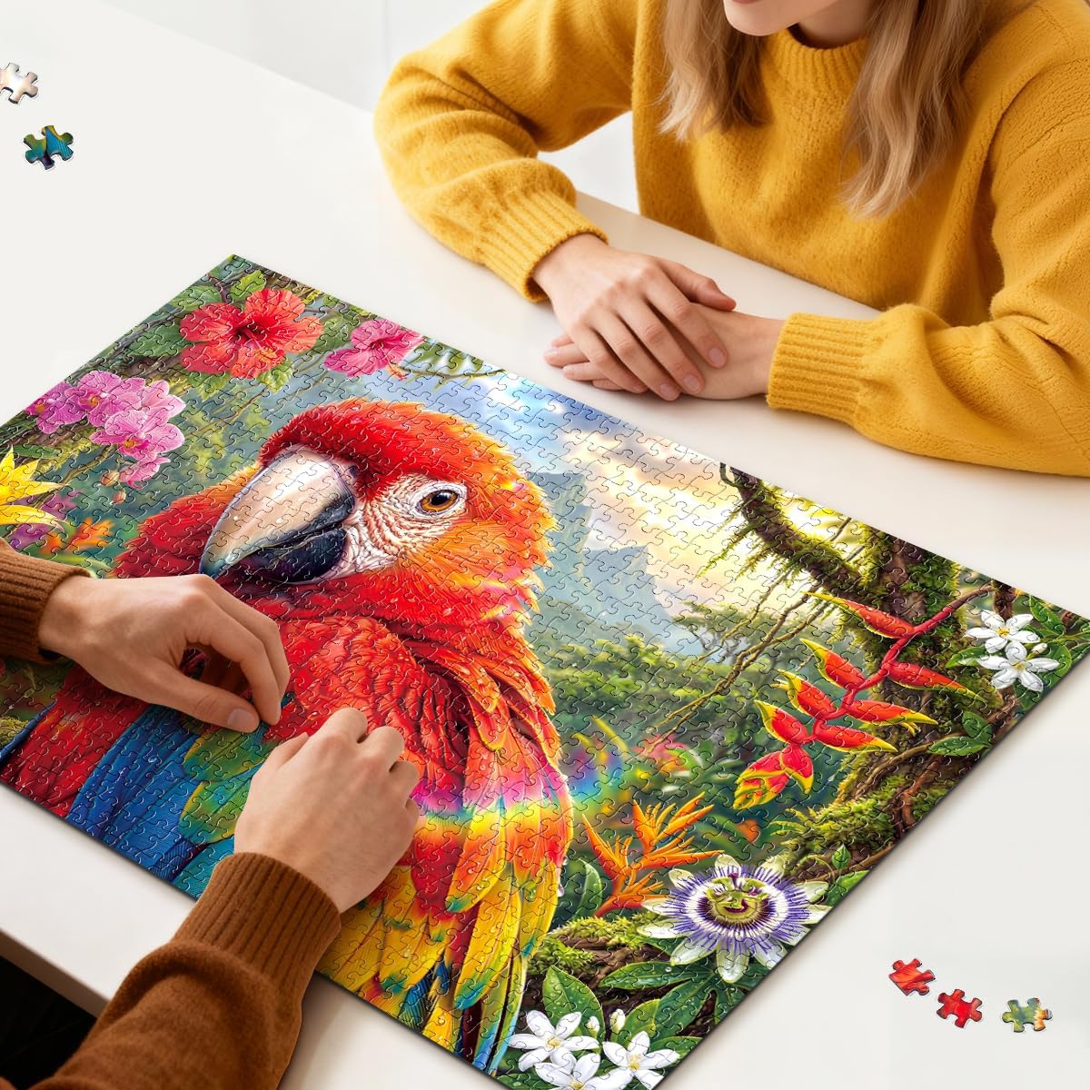 Premium 500 Pieces Jigsaw Puzzles for Adults Dust-Free Thick HD Board with Letters on Back Scarlet Macaw Parrot