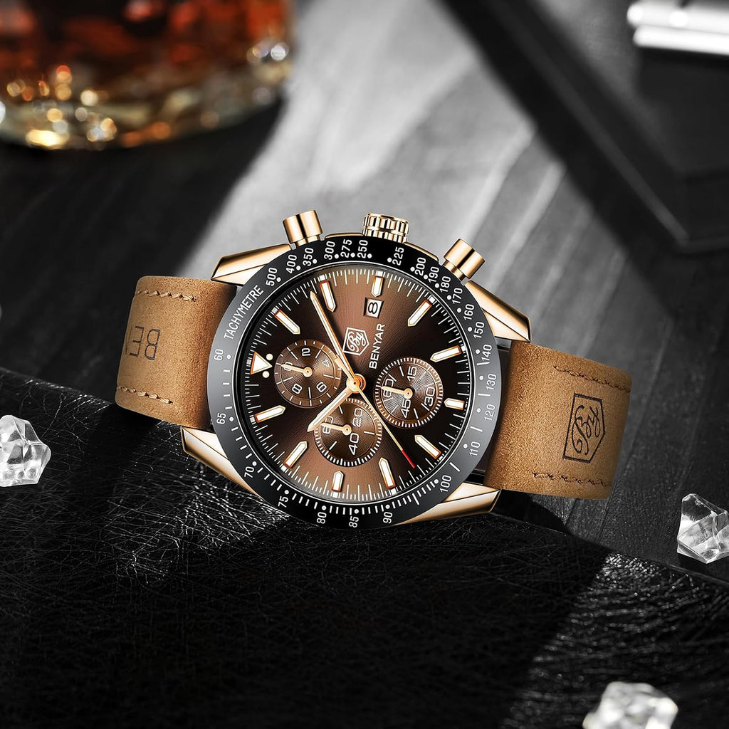 Watches for Men, Analog Quartz Movement Chronograph Wrist Watch, Leather/Stainless Steel/Silicone Strap, Business
