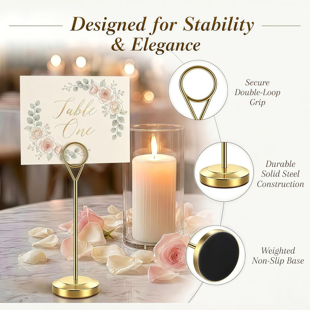16 Pcs Gold Table Number Holders, 6-Inch Stable Place Card Holders with Non-Slip Base, Metal Photo Stands for Wedding
